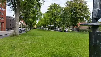 Noordelijk deel van de Troelstralaan met rechts een deel van het beeld Kruisteken (augustus 2020)