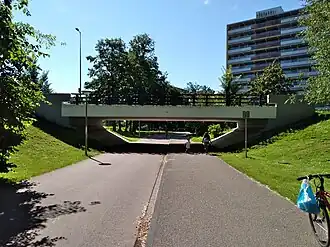 Rosmolenbrug met op de achtergrond een Molenwijkflat (juni 2021)