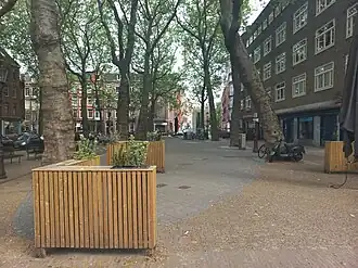 Van der Helstplein vanaf Karel de Jardinstraat met de twee bomenrijen (mei 2022)