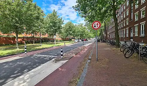 Verkeersremmende wegversmalling en gedeeltelijk vrijliggende fietsstrook