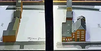 Het brouwerijcomplex in 1867 en 2016 op een maquette vervaardigd door de Stichting Maastricht 1867. Op de voorgrond de Wycker Grachtstraat, op de achtergrond het woonhuis aan de Rechtstraat