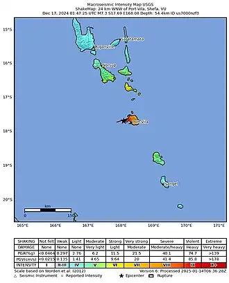 Seismologische kaart van de aardbeving Port Vila 2024