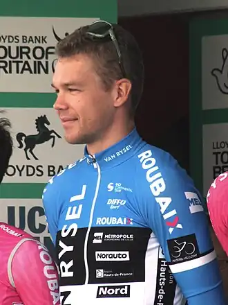 Vahtra met de Estische kampioenstrui bij de Ronde van Groot-Brittannië, 2024.