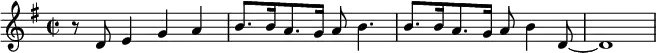 {\time 2/2 \key g \major r8 d'8 e'4 g' a' b'8. b'16 a'8. g'16 a'8 b'4. b'8. b'16 a'8. g'16 a'8 b'4 d'8~d'1 }