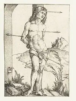 St. Sebastiaan voor een zuil[24] 1497-1501 Kopergravure 107 x 75 mm Bartsch 56