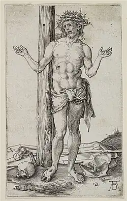 Christus als Man van Smarten, met geheven handen[26] 1500 Kopergravure 117 x 71 mm Bartsch 20