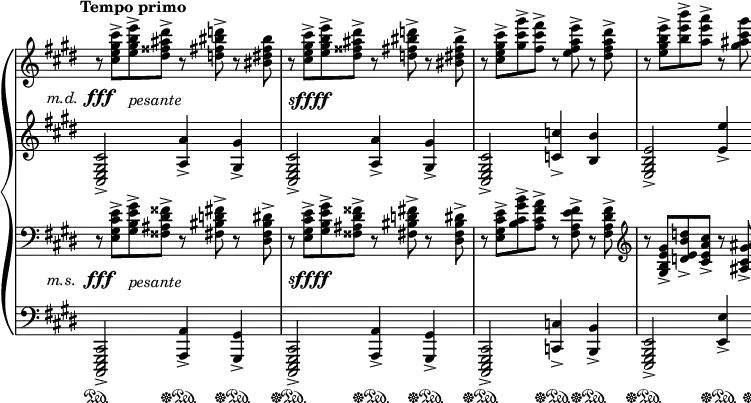 
\header { tagline = ##f }
\score {
  \new StaffGroup \with { systemStartDelimiter = #'SystemStartBrace \remove Span_bar_engraver midiInstrument = "acoustic grand" } <<
    \new PianoStaff \with { \remove System_start_delimiter_engraver \override StaffGrouper.staff-staff-spacing.basic-distance = 7 } <<
      \set PianoStaff.connectArpeggios = ##t
      \override PianoStaff.Arpeggio.stencil = #ly:arpeggio::brew-chord-bracket
      \new Staff \relative c'' {
        \time 4/4
        \omit Staff.TimeSignature
        \set Staff.extraNatural = ##f
        \key cis \minor
        \clef treble
        \override DynamicTextSpanner.style = #'none
        \tempo "Tempo primo" 4=34
        \once \override DynamicText.Y-offset = #-3.4 r8\fff <cis e gis cis>-> <e gis b e>->_\markup { \lower #3.4 \italic pesante } <dis fisis ais dis>-> r <d fis bis d>-> r <bis dis fis bis> | % mt 46
        r8_\markup { \lower #3.4 \dynamic sffff } \once \omit Staff.DynamicText <cis e gis cis>\ffff-> <e gis b e>-> <dis fisis ais dis>-> r <d fis bis d>-> r <bis dis fis bis>-> | % mt 47
        r8 <cis e gis cis>-> <gis' cis gis'>-> <fis cis' fis>-> r <e fis a e'>-> r <dis fis a dis>-> | % mt 48
        r8 <e gis b e>-> <b' e b'>-> <a e' a>-> r <gis ais cis gis'> r <fisis ais cis fisis>-> | % mt 49
        r8_\markup { \lower #3 \dynamic sffff } \once \omit Staff.DynamicText <gis b dis gis>\ffff-> <a cis e a>-> <fis a cis fis>-> <gis b dis gis>-> <e gis b e>-> <fis a cis fis>-> <dis fis a dis>-> | % mt 50
        <e gis b e>8-> q-> <fis a cis fis>-> <dis fis a dis>-> <e gis b e>-> <cis e gis cis>-> <dis fis a dis>-> <bis dis fis bis>-> | % mt 51
        \once \override Score.BarLine.space-alist = #'((next-note . (semi-fixed-space . 2)) (right-edge . (extra-space . 0)))
        <cis e gis cis>8->\arpeggio q-> <e gis b e>-> <dis fisis ais dis>-> r <d fis bis d>-> r <bis dis fis bis>-> | % mt 52
        r8 < cis e gis cis>-> <gis' cis gis'>-> <fis cis' fis>-> r <e fis bis e>-> r <bis dis fis bis>-> | % mt 53
        \once \override Score.BarLine.space-alist = #'((next-note . (semi-fixed-space . 2)) (right-edge . (extra-space . 0)))
        <cis e gis cis>8->\arpeggio \once \override DynamicTextSpanner.Y-offset = #-4 <cis, gis' cis>--[\dim <d a' d>-- <b fis' b>--] <cis gis' cis>-- <a e' a>-- <b fis' b>-- <gis d' gis>-- | % mt 54
        <a fis' a>8-- q--[ <cis fis cis'>-- <b fis' b>--] r <a e' a>--_\markup { \lower #4 \halign #-0.5 \fontsize #1 \italic dim. } r <gis fis' gis>-- | % mt 55
        r4 <cis a' cis>2.--_\markup { \lower #4 \dynamic mf } | r4 <cis gis' cis>2.-- | r4 <cis a' cis>2.-- | r4 <cis fis ais cis>2.-- | r4 <cis fis a? cis>2.-- | %mt 61
        r2 <cis e gis cis>4.( <gis' cis e gis>8) | \once \override DynamicText.Y-offset = #-3 q1\ppp\fermata \bar "|." | % mt 63
      }
      \new Staff \with { \override VerticalAxisGroup.staff-staff-spacing.basic-distance = #15 } \relative c' {
        \time 4/4
        \omit Staff.TimeSignature
        \key cis \minor
        \clef treble
        \omit Staff.DynamicText
        \omit Staff.DynamicTextSpanner
        <cis, e gis cis>2->\fff^\markup { \hspace #-7 \raise #2.2 \italic m.d. } <a' a'>4->\fff <gis gis'>-> | % mt 46
        <cis, e gis cis>2->\ffff <a' a'>4-> <gis gis'>-> | % mt 47
        <cis, e gis cis>2-> <c' c'>4-> <b b'> | % mt 48
        <e, gis b e>2-> <e' e'>4-> <dis dis'>-> | % mt 49
        <gis, b dis gis>1\ffff~| % mt 50
        q8 r r4 r2 | % mt51
        <cis, cis'>2->\arpeggio <a' a'>4-> <gis gis'> | % mt 52
        <cis, e gis cis>2-> <a' a'>4-> <gis gis'>-> | % mt 53
        <cis, cis'>2\arpeggio~\dim q8 r r4 | % mt 54
        r2 fisis4-- gis-- | % mt 55
        cis,1-- | cis1-- | cis1-- | cis1-- | cis1-- | cis1~-- | 1\ppp\fermata | % mt 63
      }
    >>
    \new PianoStaff \with { \remove System_start_delimiter_engraver \override StaffGrouper.staff-staff-spacing.basic-distance = 7 } <<
      \set PianoStaff.connectArpeggios = ##t
      \override PianoStaff.Arpeggio.stencil = #ly:arpeggio::brew-chord-bracket
      \new Staff \relative {
        \time 4/4
        \omit Staff.TimeSignature
        \key cis \minor 
        \clef bass
        \set Staff.extraNatural = ##f
        \override DynamicTextSpanner.style = #'none
        \once \override DynamicText.Y-offset = #-4 r8\fff <e gis cis e>-> <gis b e gis>->_\markup { \lower #4 \italic pesante } <fisis ais dis fisis>-> r <fis bis d fis>-> r <dis fis bis dis>-> | % mt 46
        r8_\markup { \lower #3.6 \dynamic sffff } \once \omit Staff.DynamicText <e gis cis e>\ffff-> <gis b e gis>-> <fisis ais dis fisis>-> r <fis bis d fis>-> r <dis fis bis dis>-> | % mt 47
        r8 <e gis cis e>-> <b' cis gis' b>-> <a cis fis a>-> r <fis a e' fis>-> r <fis a dis fis>-> | % mt 48
        \clef treble r8 <gis b e gis>-> <d' e b' d>-> <cis e a cis>-> r <ais cis gis' ais>-> r <ais cis fisis ais>-> | % mt 49
        r8_\markup { \lower #3.6 \dynamic sffff } \once \omit Staff.DynamicText <b dis gis b>\ffff-> <cis e a cis>-> <a cis fis a>-> <b dis gis b>-> <gis b e gis>-> <a cis fis a>-> <fis a dis fis>-> | %mt 50
        <gis b e gis>8-> q-> <a cis fis a>-> <fis a dis fis>-> <gis b e gis>-> <e gis cis e>-> <fis a dis fis>-> <dis fis bis dis>-> | % mt 51
        \clef bass <e gis cis e>->\arpeggio q-> <gis b e gis>-> <fisis ais dis fisis>-> r <fis bis d fis>-> r <dis fis bis dis>-> | % mt 52
        r8 <e gis cis e>-> <b' cis gis' b>-> <a cis fis a>-> r <fis bis e fis>-> r <dis fis bis dis>-> | % mt 53
        <e gis cis e>8->\arpeggio \once \override DynamicTextSpanner.Y-offset = #-4 <e gis e'>--[\dim <fis a fis'>-- <d fis d'>--] <e gis e'>-- <cis e cis'>-- <d fis d'>-- <b fis' b>-- | % mt 54
        <cis fis cis'>8-- q--[ <e fis e'>-- <d fis d'>--] r <e cis'>--_\markup { \lower #4 \halign #-0.5 \fontsize #1 \italic dim. } r <dis fis bis>-- | % mt 5544
        r4 <e a e'>2.--_\markup { \lower #3.6 \dynamic mf } | r4 <e ais e'>2.-- | r4 <e g e'>2.-- | r4 <e fis ais e'>2.-- | r4 <dis fis a? dis>2.-- | % mt 61
        r2 <gis, cis e gis>4.( <e' gis cis e>8) | \once \override DynamicText.Y-offset = #-3 q1\ppp\fermata \bar "|." % mt 63
      }
      \new Staff \relative c, {
        \time 4/4
        \omit Staff.TimeSignature
        \key cis \minor
        \clef bass
        \omit Staff.DynamicText
        \omit Staff.DynamicTextSpanner
        <cis, e gis cis>2->\fff^\markup { \hspace #-7 \raise #2.6 \italic m.s. } <a' a'>4->\fff <gis gis'>-> | % mt 46
        <cis, e gis cis>2->\ffff <a' a'>4-> <gis gis'>-> | % mt 47
        <cis, e gis cis>2-> <c' c'>4-> <b b'>-> | % mt 48
        <e, gis b e>2-> <e' e'>4-> <dis dis'>-> | % mt 49
        <gis, b dis gis>1\ffff~ | % mt 50
        q8 r r4 r2 | % mt 51
        <cis, cis'>2->\arpeggio <a' a'>4 <gis gis'> | % mt 52
        <cis, e gis cis>2-> <a' a'>4-> <gis gis'>-> % mt 53
        <cis, cis'>2->\arpeggio~\dim q8 r r4 | % mt 54
        r2 <fisis fisis'>4-- <gis gis'>-- | % mt 55
        <cis, cis'>1-- | q1-- | q1-- | q1-- | q1-- | q1~-- | 1\ppp\fermata | % mt 63
      }
    >>
    \new Dynamics {
      s2\sustainOn s4\sustainOff\sustainOn s4\sustainOff\sustainOn | % mt 46
      s2\sustainOff\sustainOn s4\sustainOff\sustainOn s4\sustainOff\sustainOn | % mt 47
      s2\sustainOff\sustainOn s4\sustainOff\sustainOn s4\sustainOff\sustainOn | % mt 48
      s2\sustainOff\sustainOn s4\sustainOff\sustainOn s4\sustainOff\sustainOn | % mt 49
      s1\sustainOff\sustainOn | % mt 50
      s8 s8\sustainOff s4 s2 | %mt 51
      s2\sustainOn s4\sustainOff\sustainOn s4\sustainOff\sustainOn | % mt 52
      s2\sustainOff\sustainOn s4\sustainOff\sustainOn s4\sustainOff\sustainOn | % mt 53
      s2\sustainOff\sustainOn s8 s8\sustainOff s4 | % mt 54
      s2 s4\sustainOn s4\sustainOff\sustainOn | % mt 55
      s1\sustainOff | % mt 56
    }
  >>
  \layout {
    \context { \Score tempoHideNote = ##t }
    line-width = 608\mm
  }
  \midi {}
}
