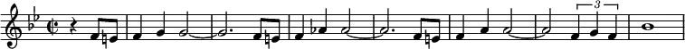 {\key bes \major
 \time 2/2
 \partial 2 r4 f'8 e' f'4 g' g'2~ g'2. f'8 e'8 f'4 as' as'2~ as'2. f'8 e'8 f'4 a' a'2~a'2 \times 2/3 {f'4 g' f'} bes'1}