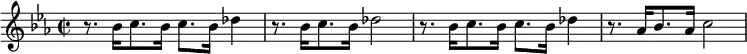{\key es \major\time 2/2 r8. bes'16 c''8. bes'16 c''8. bes'16 des''4 r8. bes'16 c''8. bes'16 des''2 r8. bes'16 c''8. bes'16 c''8. bes'16 des''4 r8. as'16 bes'8. as'16 c''2  }