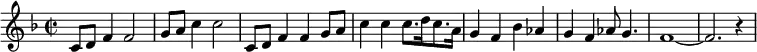 {\key f \major\time 2/2 c'8 d' f'4 f'2 g'8 a'8 c''4 c''2 c'8 d' f'4 f'4 g'8 a'8 c''4 c'' c''8. d''16 c''8. a'16 g'4 f' bes' as' g' f' as'8 g'4. f'1~f'2. r4 }