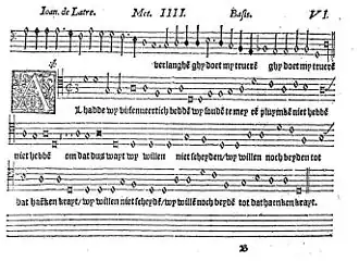 Bladmuziek van het lied Al hadde wy vijfenveertich bedde (Jacob Baethen, Maastricht, 1551)