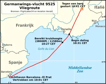 Vliegroute van Germanwings-vlucht 9525 op 24 maart 2015