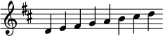 \relative d' { \key d \ionian \override Score.TimeSignature #'stencil = ##f \cadenzaOn d e fis g a b cis d }