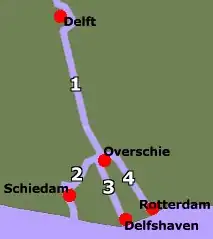 De vier Schieën en de historische kernen waarlangs ze stromen/stroomden: 1. Delftse Schie 2. Schiedamse Schie 3. Delfshavense Schie 4. Rotterdamse Schie (thans grotendeels gedempt)