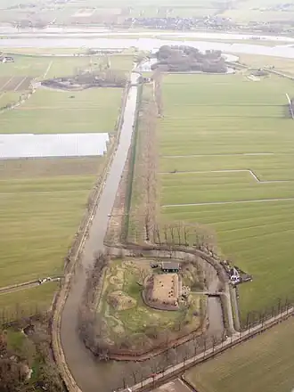 De gedekte weg met op de achtergrond achtereenvolgens Lunet aan de Snel (links), Fort Honswijk (rechts) en de lek