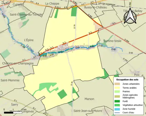 Kaart van de gemeente met de belangrijkste infrastructuur, bodemgebruik en omliggende gemeenten