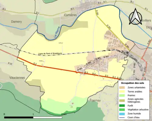 Kaart van de gemeente met de belangrijkste infrastructuur, bodemgebruik en omliggende gemeenten