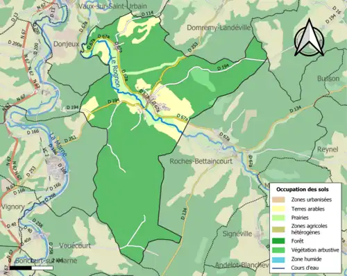 Kaart van de gemeente met de belangrijkste infrastructuur, bodemgebruik en omliggende gemeenten