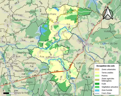 Kaart van de gemeente met de belangrijkste infrastructuur, bodemgebruik en omliggende gemeenten