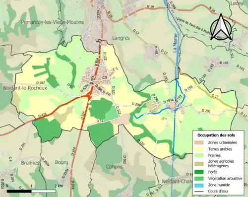 Kaart van de gemeente met de belangrijkste infrastructuur, bodemgebruik en omliggende gemeenten