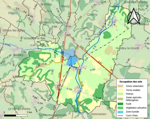 Kaart van de gemeente met de belangrijkste infrastructuur, bodemgebruik en omliggende gemeenten