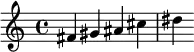 { fis'4 gis'4 ais'4 cis''4 dis''4 }