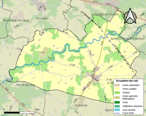 Kaart van de gemeente met de belangrijkste infrastructuur, bodemgebruik en omliggende gemeenten