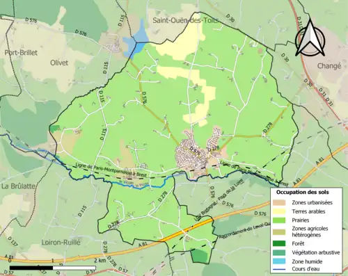 Kaart van de gemeente met de belangrijkste infrastructuur, bodemgebruik en omliggende gemeenten