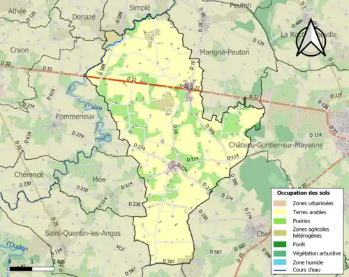 Kaart van de gemeente met de belangrijkste infrastructuur, bodemgebruik en omliggende gemeenten