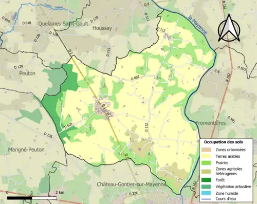 Kaart van de gemeente met de belangrijkste infrastructuur, bodemgebruik en omliggende gemeenten