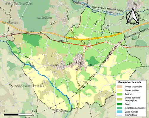 Kaart van de gemeente met de belangrijkste infrastructuur, bodemgebruik en omliggende gemeenten