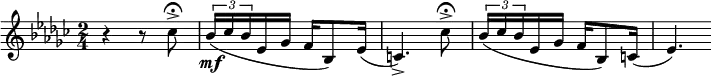 {\key es \minor
  \time 2/4 r4 r8 ces''8->\fermata \times 2/3 {bes'16\mf ( ces'' bes'} es'16 ges' f'16 bes8 )es'16( c'4.)->ces''8->\fermata \times 2/3 {bes'16( ces'' bes'} es'16 ges' f'16 bes8 )c'16( es'4.) }