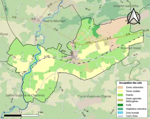 Kaart van de gemeente met de belangrijkste infrastructuur, bodemgebruik en omliggende gemeenten