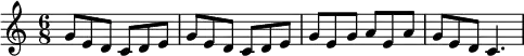 { \time 6/8 g'8 e'8 d'8 c'8 d'8 e'8 g'8 e'8 d'8 c'8 d'8 e'8 g'8 e'8 g'8 a'8 e'8 a'8 g'8 e'8 d'8 c'4. }