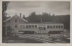 Motorwagen 1002 van de Ekebergbanen in de keerlus van het eindpunt Sæter, Nordstrand; 1917.