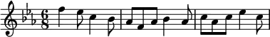 { \key es \major \time 6/8 f''4 es''8 c''4 bes'8 as'8 f'8 as'8 bes'4 as'8 c''8 as'8 c''8 es''4 c''8 }