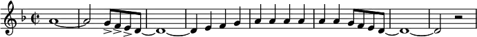 {\key f \major\time 2/2 a'1~a'2 g'8-> f'-> e'-> d'~d'1~d'4 e'4 f' g' a' a' a' a'  a' a' g'8 f' e' d'~d'1~d'2 r2 }