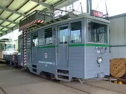 Werkmotorwagen 628 uit Wuppertal wordt regelmatig gebruikt bij werkzaamheden aan de bovenleiding.