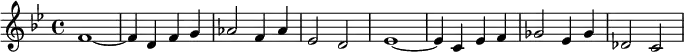 {\key bes \major
  \time 4/4 f'1~f'4 d' f' g' as'2 f'4 as'4 es'2 d'2 es'1~ es'4 c' es' f' ges'2 es'4 ges' des'2 c'2}