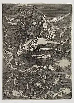 Engelen met de zweetdoek en de passiewerktuigen[99] 1516 Ets 185 x 134 mm Bartsch 26