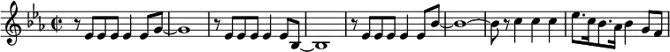{\key es \major\time 2/2 r8 es'8 es' es' es'4 es'8 g'8~g'1 r8 es'8 es' es' es'4 es'8 bes8~bes1 r8 es'8 es' es' es'4 es'8 bes'8~bes'1~bes'8 r8 c''4 c'' c'' es''8. c''16 bes'8. as'16 bes'4 g'8 f'8  }