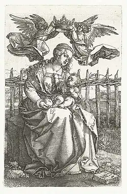 Maria met kind gekroond door twee engelen[59] 1518 Kopergravure 155 x 101 mm Bartsch 39