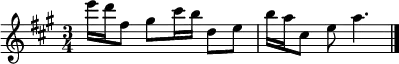\relative c''' {
\key a \major
\time 3/4
e16 d fis,8 gis
cis16 b d,8 e
b'16 a cis,8 e
a4. \bar "|."
}