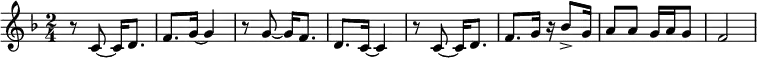{\key f \major
\time 2/4 r8 c'8~ c'16 d'8. f'8. g'16~ g'4 r8 g'8~ g'16 f'8. d'8. c'16~ c'4 r8 c'8~ c'16 d'8. f'8. g'16 r16 bes'8-> g'16 a'8 a' g'16 a'16 g'8 f'2}