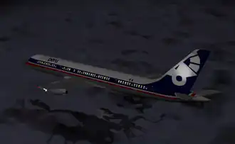 Computergegenereerd beeld van de Boeing 757, weerspiegeld in het water vlak voor de crash