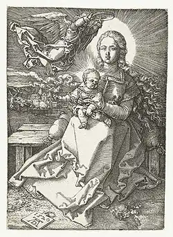 Maria met kind gekroond door een engel[64] 1520 Kopergravure 138 x 99 mm Bartsch 37