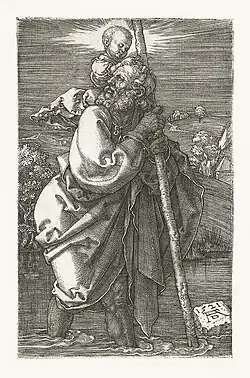 De Heilige Christoffel draagt het Christuskind (Naar links kijkend)[67] 1521 Kopergravure 118 x 75 mm Bartsch 51