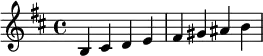  \relative c' { \clef treble\key b \minor b cis d e | fis gis ais b } 