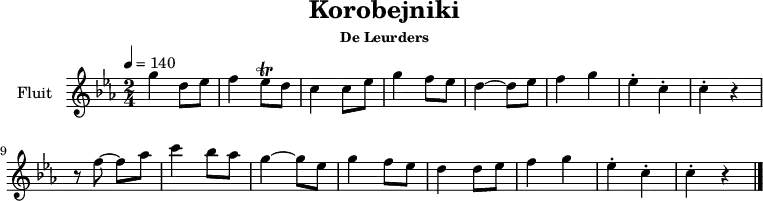 
\version "2.22.0" % 2.24.0 faalt (2022-12-30)
\header {
  title = "Korobejniki"
  subsubtitle = "De Leurders"
  tagline = ##f
}
global = {
  \key ees \major
  \time 2/4
  \tempo 4 = 140
}
music = \relative c''' {
  \global
  g4 d8 ees8 | f4 ees8^\trill d8 | c4 c8 ees8 | g4 f8 ees8 | d4~d8 ees8 | f4 g4 | ees4-. c4-. | c4-. r4 \bar "|" \break
  r8 f8 ~ f8  aes8 | c4 bes8 aes8 | g4 ~ g8 ees8 | g4 f8 ees8 | d4 d8 ees8 | f4 g4 |  ees4-. c4-. | c4-. r4 \bar "|."
}
\score {
  \new Staff \with {
    instrumentName = "Fluit"
    midiInstrument = "flute"
  } \music
  \layout { }
  \midi { }
}
