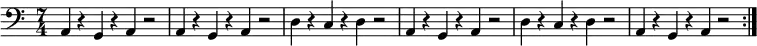 \relative a, {\time 7/4 \clef bass \repeat volta 2 {a4 r g r a r2 | a4 r g r a r2 | d4 r c r d r2 | a4 r g r a r2 | d4 r c r d r2 | a4 r g r a r2 } }